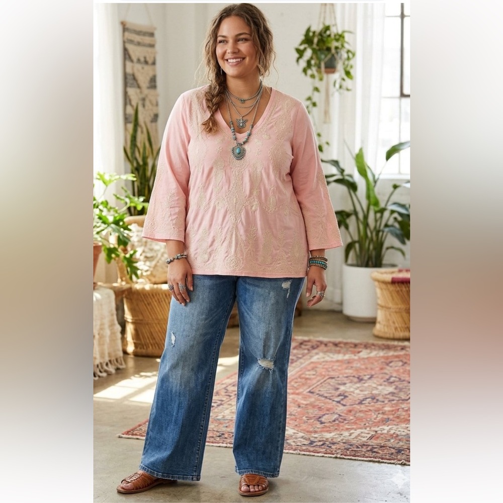 Johnny Was Embroidered Pink Women’s V-Neck Top
